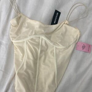 Pretty Little Thing Cream Satin Slip Bodysuit with Double Straps